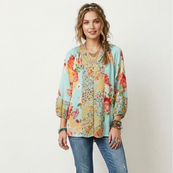fig and flower Tops - Fig and Flower Floral Blouse Womens Medium Teal Mixed Print‎ Excellent Boho Top